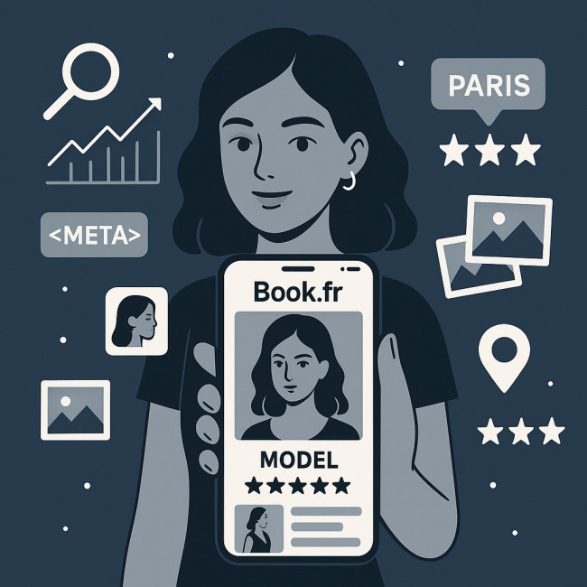 illustration d'une modèle consultant son profil optimisé sur smartphone