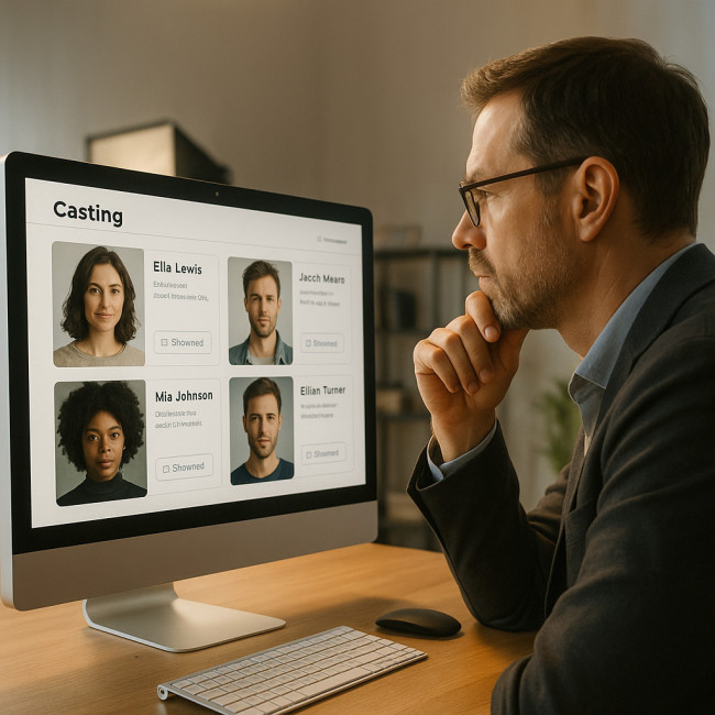 illustration d'un directeur de casting consultant des profils en ligne