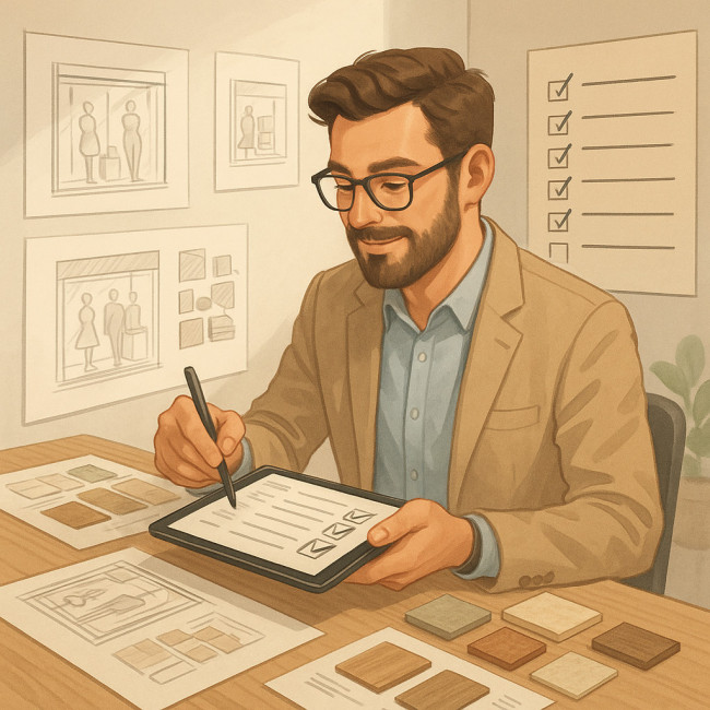 Illustration d'un visual merchandiser travaillant avec une checklist