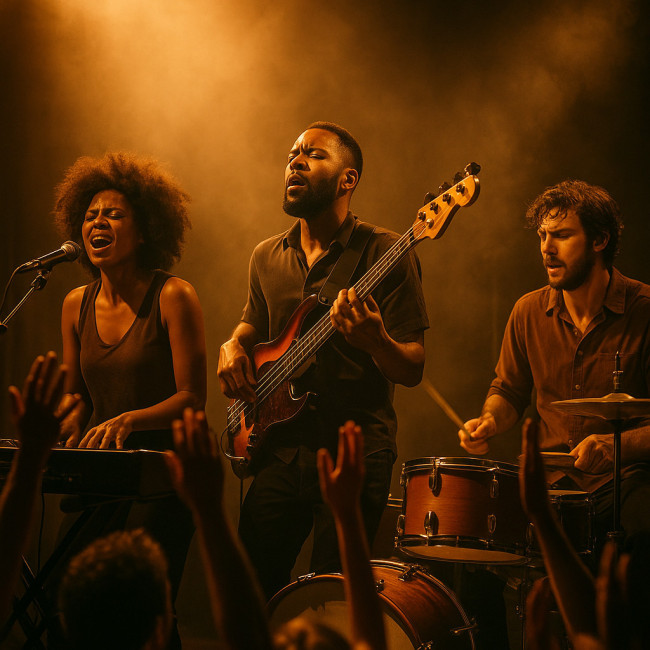 Trio jazz sur scène capturant énergie live