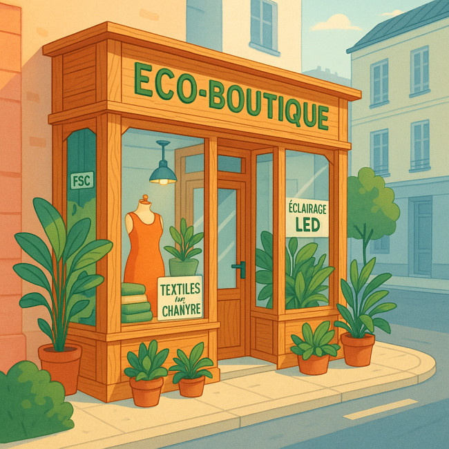 Illustration d'une vitrine éco-conçue avec matériaux durables