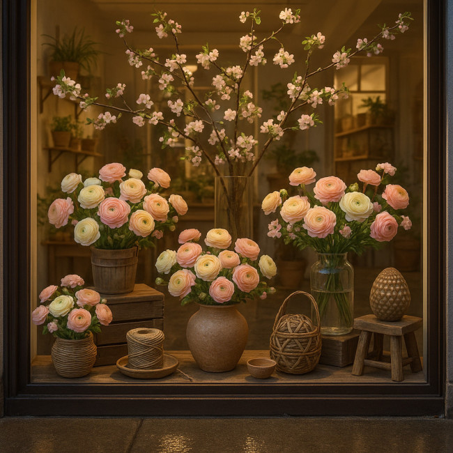 Vitrine florale saisonnière pastel