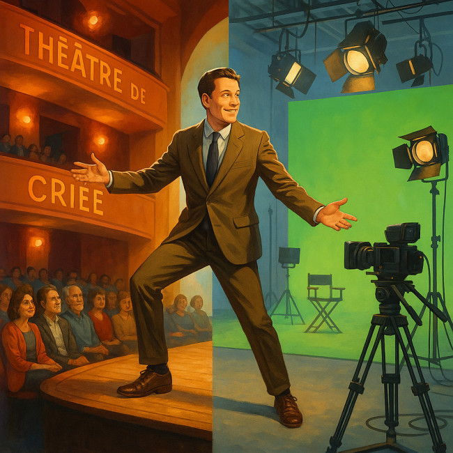 Illustration d'un comédien partagé entre scène marseillaise et tournage pub TV