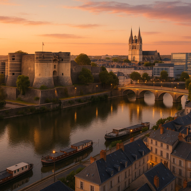 Vue aérienne d'Angers avec château, Maine et quartier d'affaires