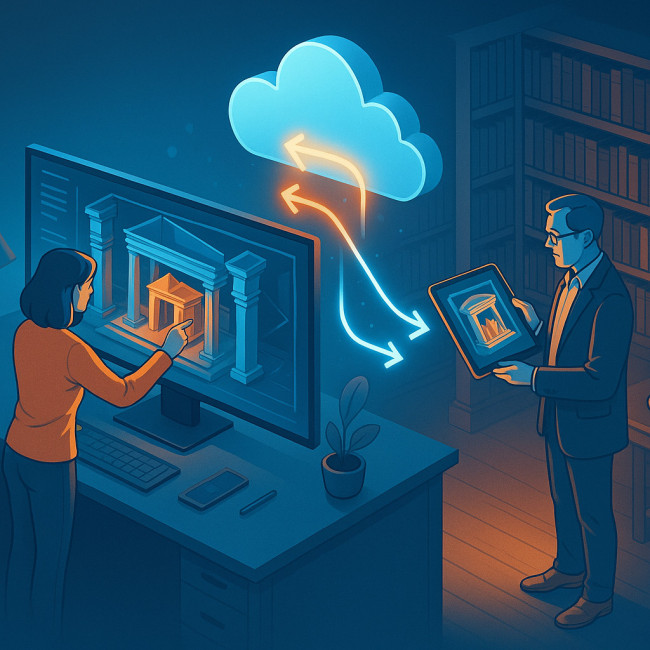 Illustration du workflow cloud pour la scénographie, scénographe et conservateur collaborant à distance