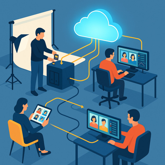 Illustration d'un studio photo collaborant via le cloud