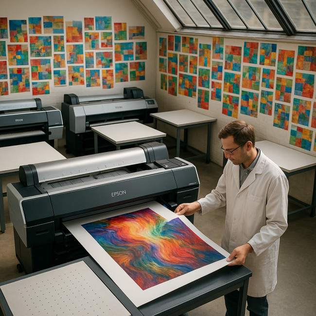 Artiste surveillant un tirage pigmentaire dans un atelier d'imprimerie