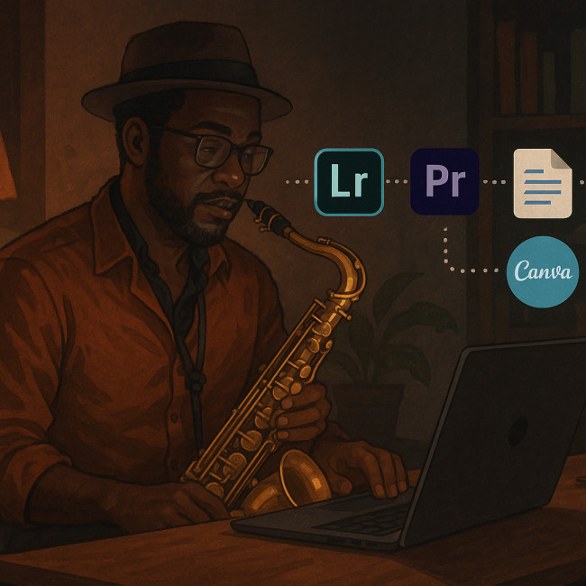 Workflow d'un musicien jazz créant son kit presse digital