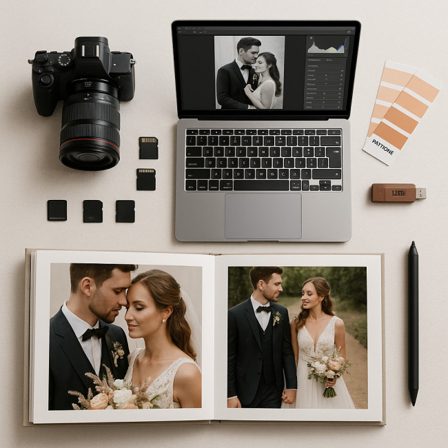flat lay illustrant le workflow de post-production d'un reportage mariage
