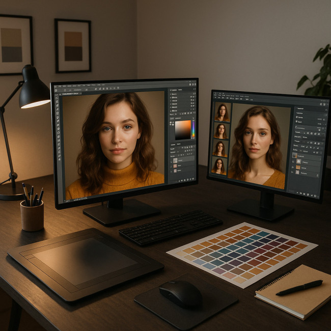 Studio de retouche photo illustrant un workflow clair