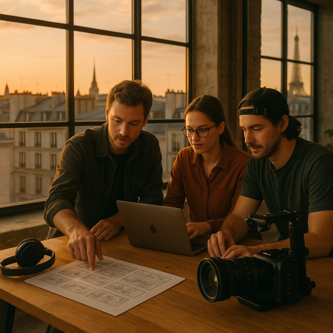 équipe de production vidéo à Paris travaillant sur un storyboard